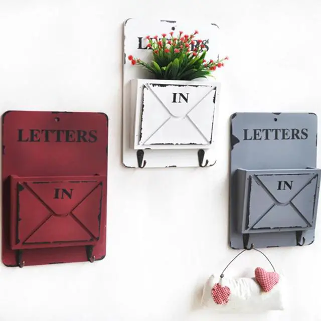 Alt view image 2 of 3 - Wooden Mail Box Letter Rack Wall Mounted Mail Sorter Box Key Hooks Standing Holder