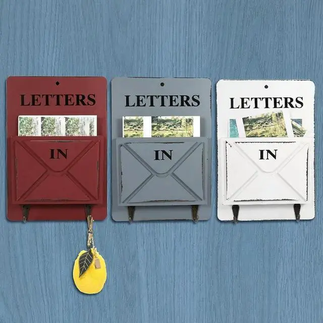 Alt view image 3 of 3 - Wooden Mail Box Letter Rack Wall Mounted Mail Sorter Box Key Hooks Standing Holder