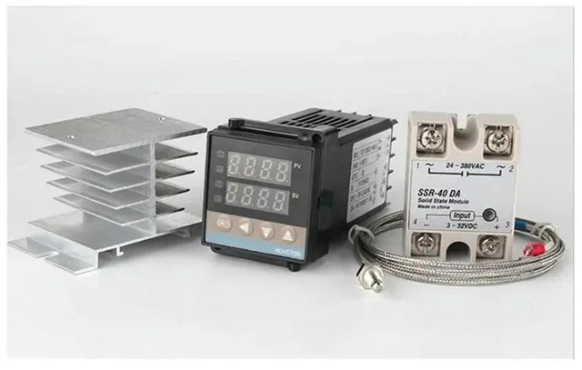Alt view image 2 of 3 - Temperature Controller With Heat Sink REX-C100 Digital PID Thermostat REX-C100/40DA SSR Relay/K Thermocouple Probe