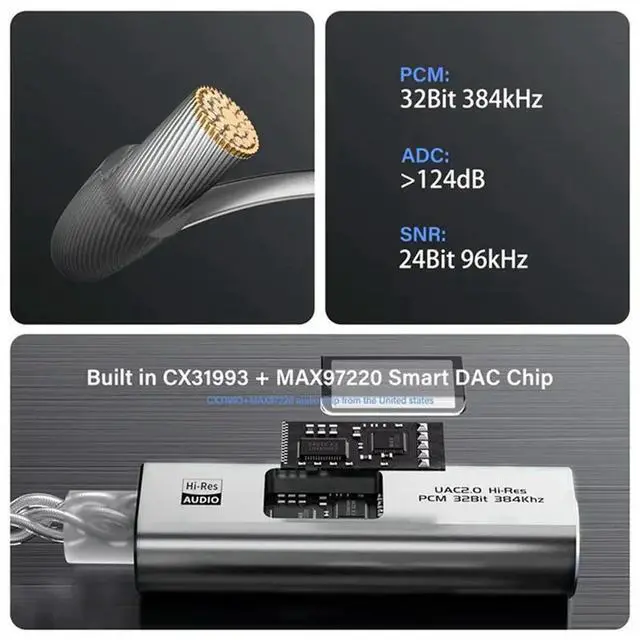 Alt view image 3 of 3 - CX31993 MAX972 Stereo Ephone Headphone Decoding Converter USB Type C To 3.5 Mm Jack Adapter Hifi DAC Audio Amplifier