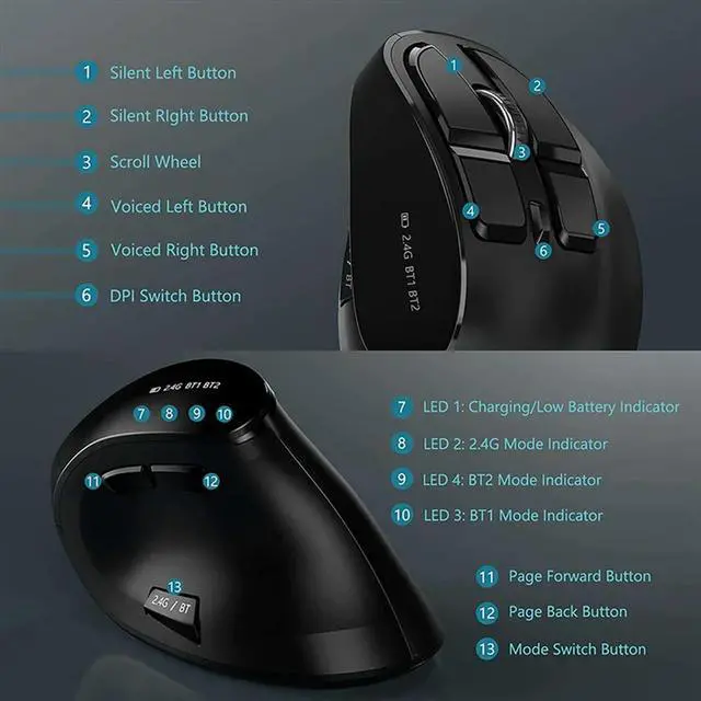 Alt view image 2 of 3 - AT-Bluetooth Vertical Mouse Rechargeable USB Mouse Ergonomics Mouse for PC Tablet Laptop