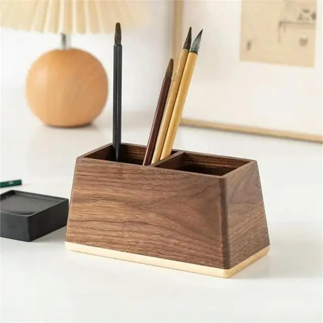 Alt view image 3 of 3 - Wooden Desktop Makeup Brush Box Dressing Table Finishing Box Wood Pen Holder