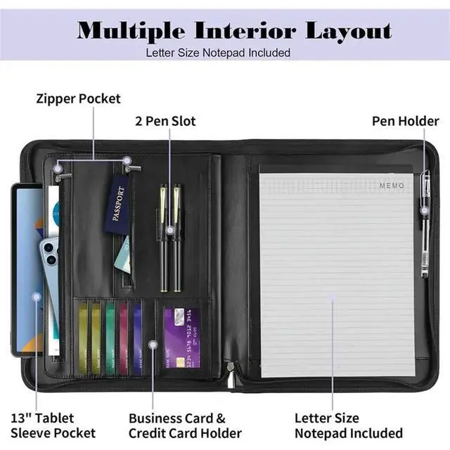 Alt view image 2 of 3 - Leather Padfolio Portfolio Binder Organizer Professional Zipper Folder For A4 Letter Documents Notepad Portfolio