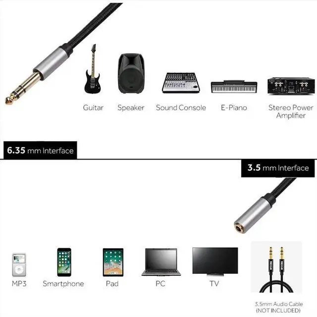 Main image of Audio Adapter 6.35mm 1/4 Male to 3.5mm 1/8 Female Stereo Jack for Amplifiers, Guitar, Keyboard Piano, Home Theater 30CM