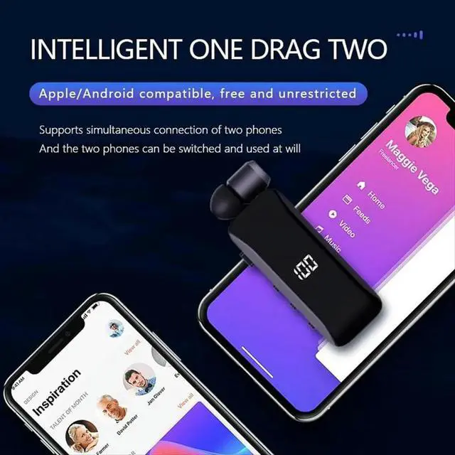 Alt view image 6 of 6 - LED Power Digital Display Bluetooth Headphones Retractable Collar Clip Single Headset Retractable with Wire