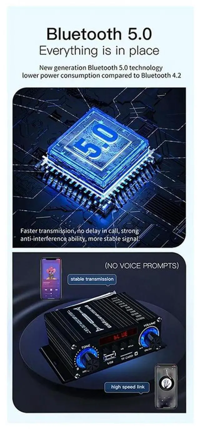 Alt view image 5 of 6 - Digital Bluetooth Amplifier 12V Home Car 2 Channel HIFI Sound Speaker FM Receiver Audio Amplificador Clase-AB AMP