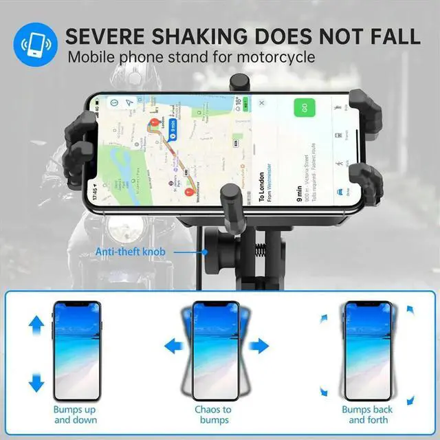 Main image of Motorcycle Handlebar Phone Mount with 15W Charger & Vibration Dampener, Anti-Theft, Adjustable Phone Holder