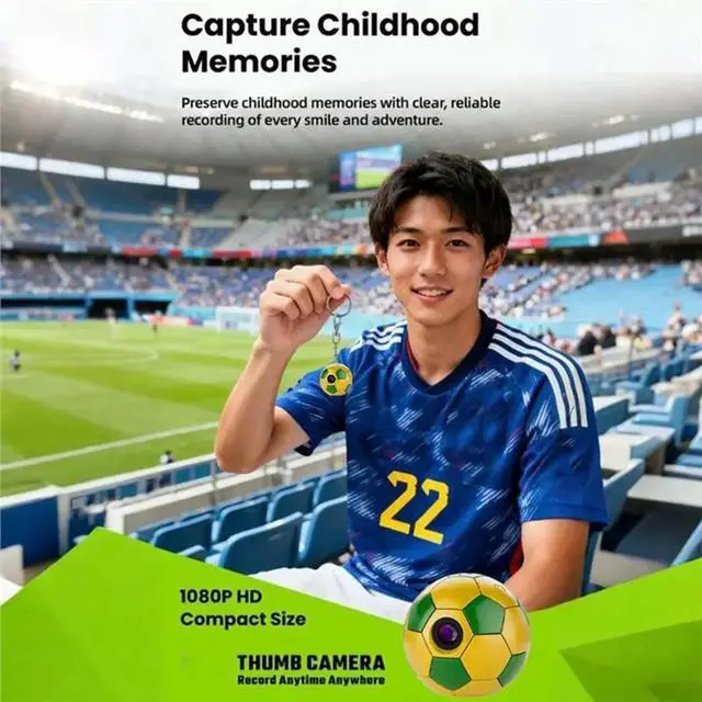 Alt view image 3 of 3 - 2.7K HD Thumb Camera 120°Angle Outdoor Soccer Shape Sport Wearable Keychain Video Recorder Green Yellow
