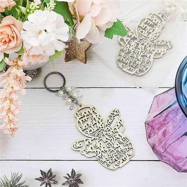 Alt view image 2 of 3 - 60Pcs Baptism Angel Key Ring Baptism Wood Keychain Baptism Favor Baptismal Souvenirs Communion Favors For Boy Or Girl