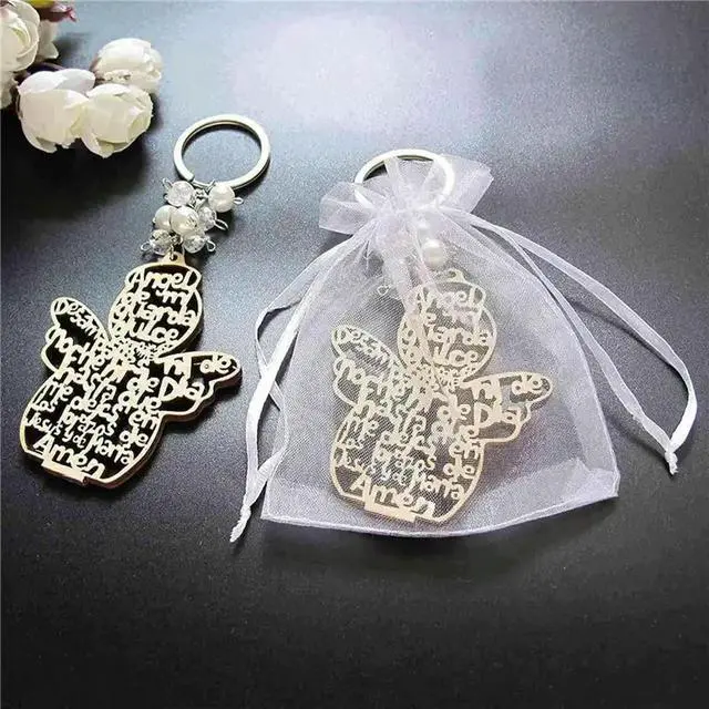 Alt view image 3 of 3 - 60Pcs Baptism Angel Key Ring Baptism Wood Keychain Baptism Favor Baptismal Souvenirs Communion Favors For Boy Or Girl