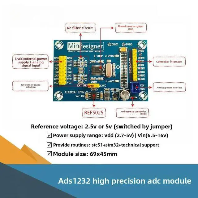 Alt view image 2 of 2 - ADS1232 Module 24-bit ADC Module, High-precision Analog-to-digital Conversion Module ADS1232IPW