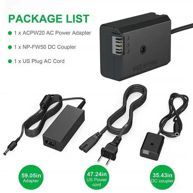 Alt view image 3 of 3 - 3X AC-PW20 NP-FW50 Dummy Battery AC Power Supply Adapter DC Coupler Kit For Alpha A5100 A6500 A6400 A6000 A55 A7