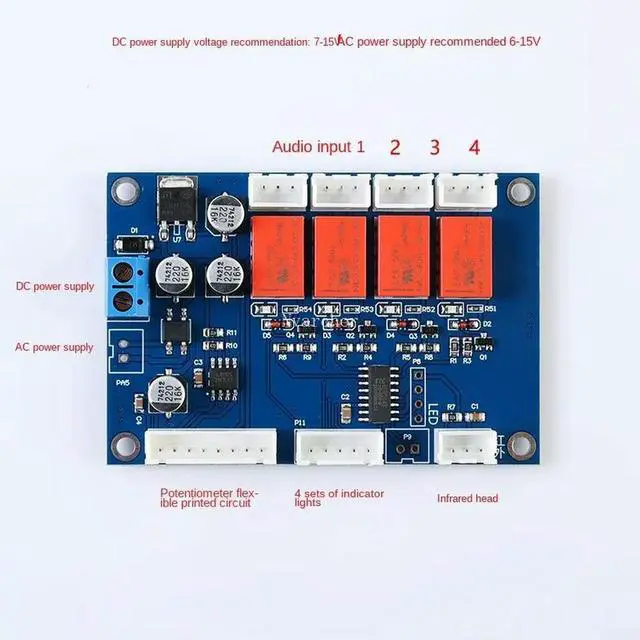 Alt view image 2 of 3 - Nvarcher 4-way input switching Audio source signal selection board potentiometer infrared remote control Moudle