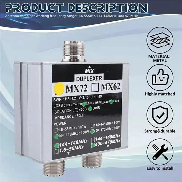 Alt view image 2 of 2 - Walkie Talkie Ham VHF UHF Tri-Band Amateur Two Way Radio Antenna Combiner MX72 60-100W Linear Antenna Duplexer
