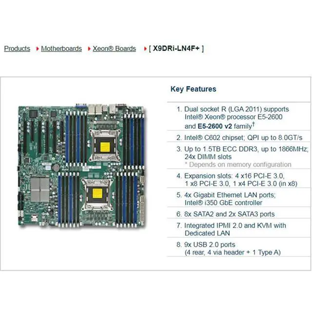Alt view image 4 of 6 - 2-Way Server E-ATX Motherboard 2011 C602 DDR3 Xeon Processor E5-2600 E5-2600 v2 Family X9DRi-LN4F+