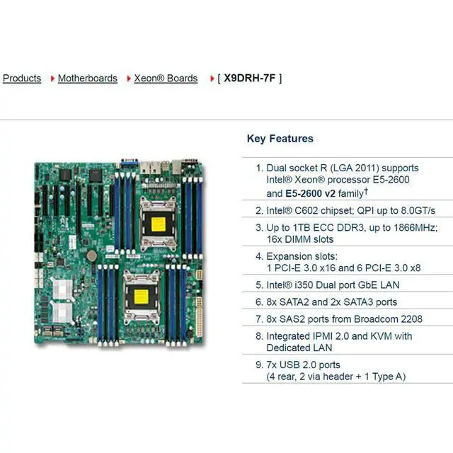 Alt view image 2 of 3 - X9DRH-7F 2-Way Server E-ATX Motherboard LGA 2011 C602 DDR3 Xeon E5-2600 E5-2600 v2 Family PCI-E 3.0