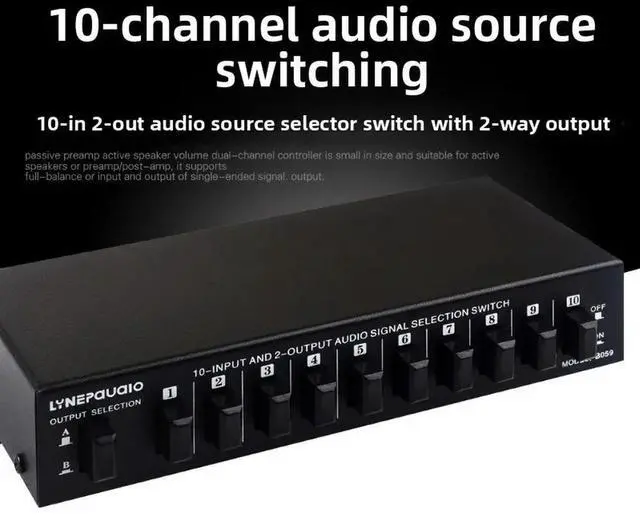 Main image of 10-in 2-out Audio Signal Selector Switcher for Headphones and Speakers, Bidirectional Switching 2-in 10-out, Lossless