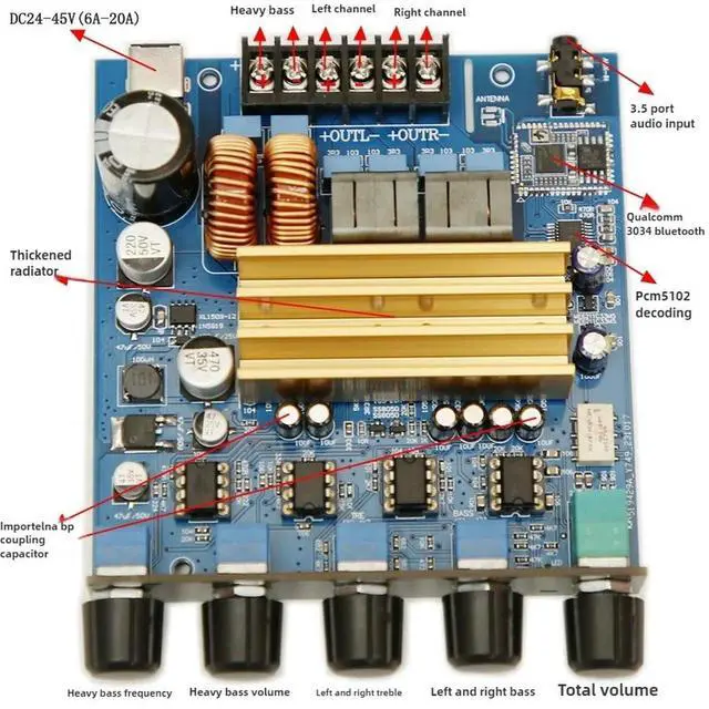 Alt view image 2 of 3 - TPA3223 2.1 high-power digital fever HIFI tone Bluetooth 5.1 amplifier board (400W+200 * 2)