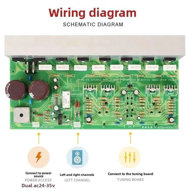 Alt view image 2 of 3 - Chip 1943/5200 600W Dual Channel with Large Heat Sink Finished Amplifier Board with Wiring