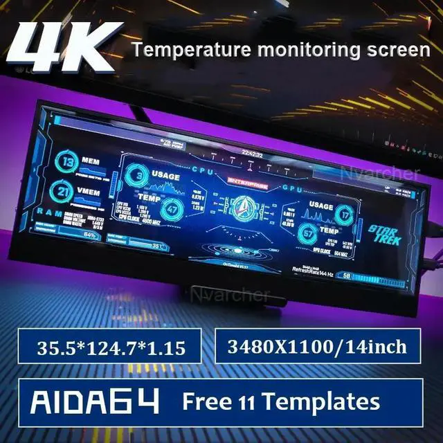 Alt view image 2 of 3 - Nvarcher 14 Inch 3840*1100 IPS Screen Temperature Control Dynamic Display Desktop AIDA64 Adjustable Brightness For Computer