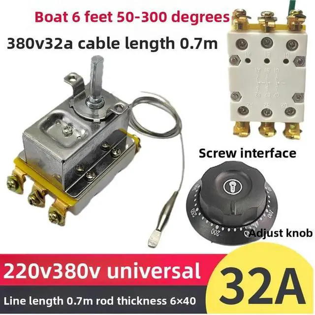 Main image of Oven Fryer Parts 230V 380V 32A 70CM Wire 6 Pins 50-300 Degree Safe Temperature Control Temperature Limiter Thermostat With Knob