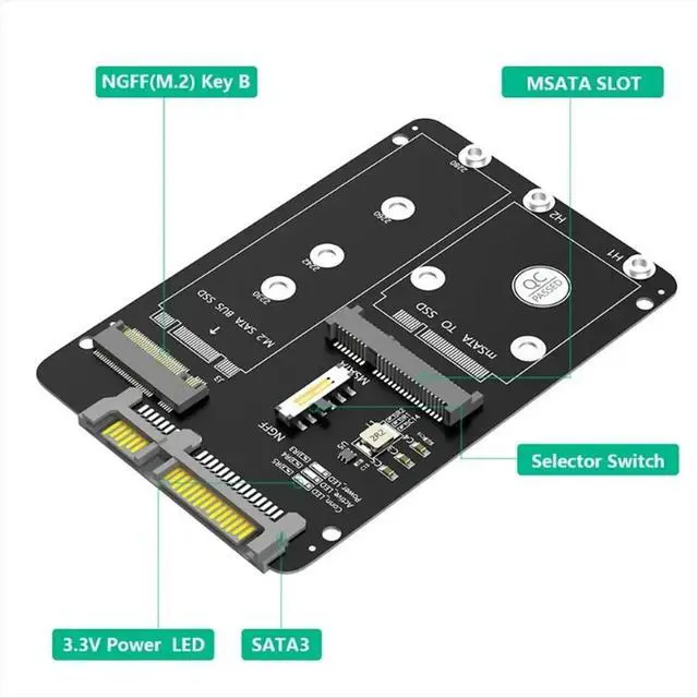 Alt view image 3 of 6 - M.2 NGFF/MSATA to SATA3 2-in-1 SSD Solid-State Drive 2.5-Inch Hard Drive Enclosure Adapter Card