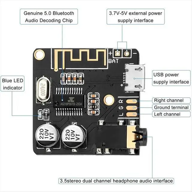 Alt view image 3 of 3 - 5pcs Bluetooth Audio Receiver Board BT 5.0 Stereo Audio Amplifier 3.7-5V DIY Car Speaker Amplifier