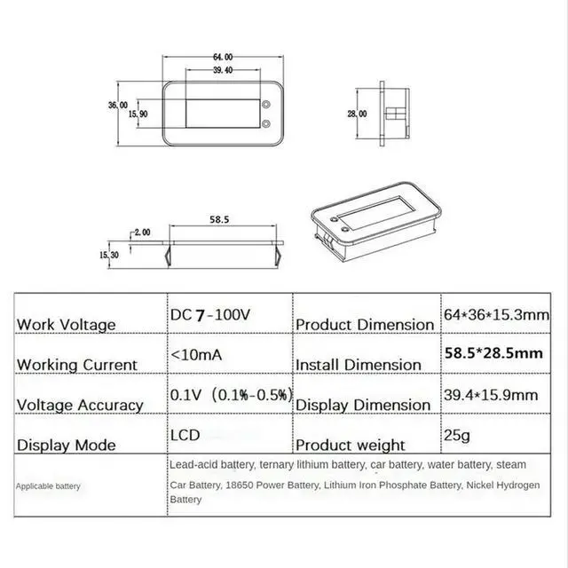 Alt view image 2 of 3 - 7-100V Digital Capacity Tester Monitor Voltage Temperature Switch Meter for Car Ships, NO Waterproof