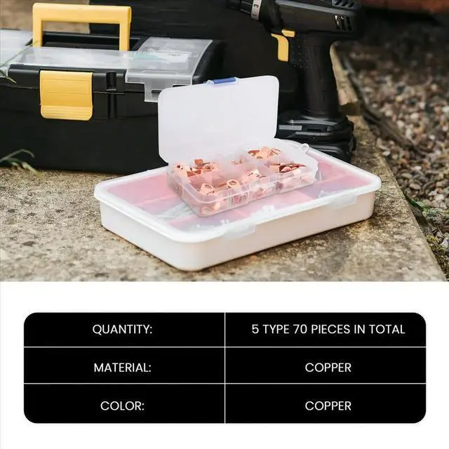 Main image of Open Copper Ring Lug Terminals Wire Crimp Connector Assortment Kit OT 10A 20A 30A 40A 50A (Pack of 70)
