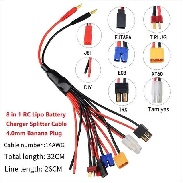 Alt view image 3 of 3 - Eight in One RC Lipo Charger Splitter Cable Adapter Connector 4.0mm Banana Plug to JST Plug EC3 Futabas Tamiyas