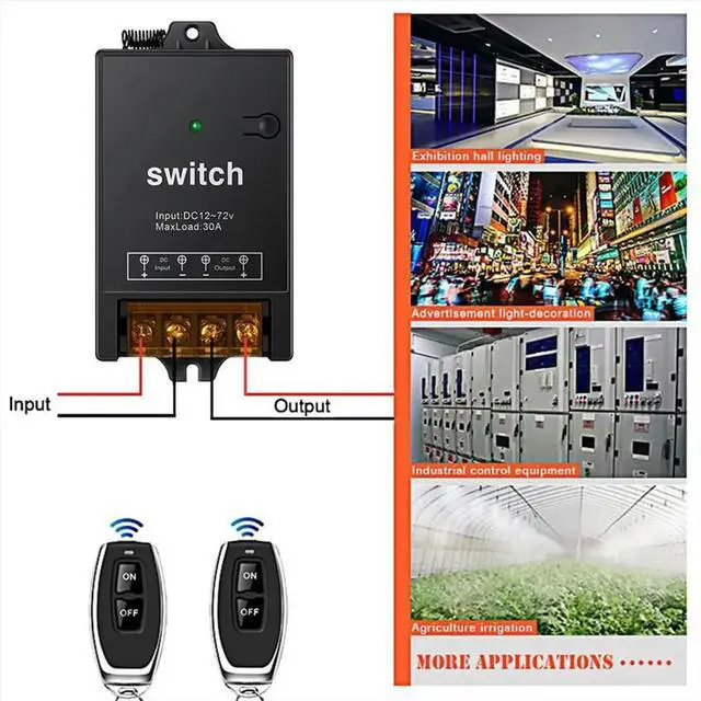 Main image of 12v Remote Control Switch with 30A Relay,DC 72v 60v 48v 36v 24v 12v Switch for Lights,Lamps,Fans