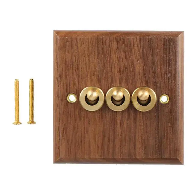 Alt view image 2 of 6 - Retro American Industrial Style Light Switch Socket, Solid Wood Brass Toggle Switch Plate(3 Open)