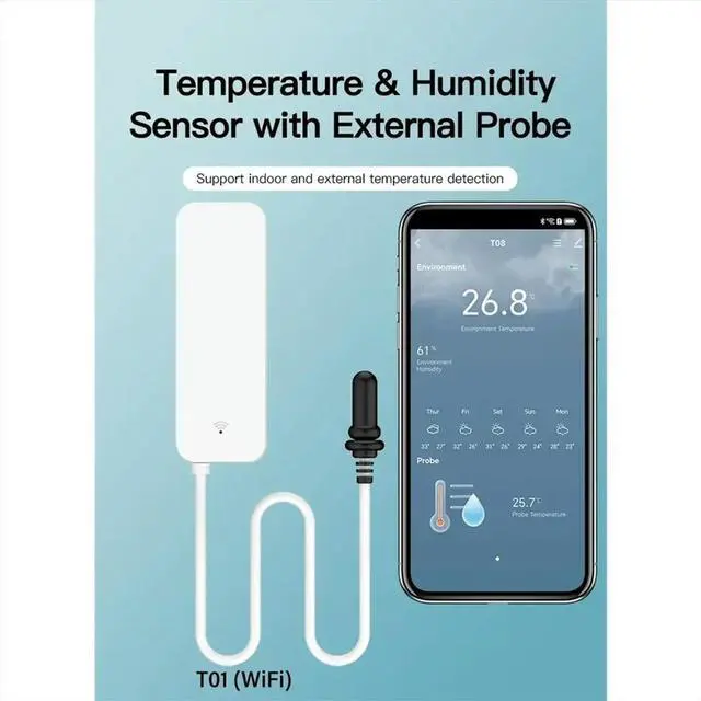 Alt view image 3 of 6 - Tuya Temperature Humidity Sensor with External Probe for Home Hygrometer APP Monitoring for Plants Aquarium