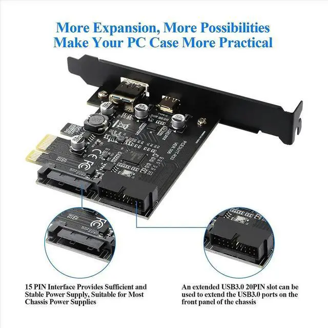 Alt view image 3 of 6 - PCI-E 1X To USB 3.2 Gen1 USB3.2 Type-C Front Adapter Card 2 Ports (Type C+ Type A) Expansion Card