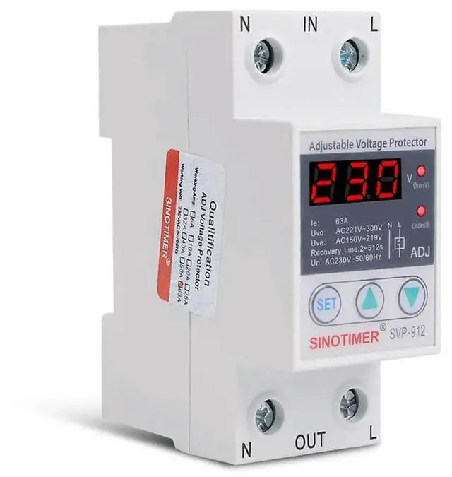 Alt view image 3 of 3 - 63A 230V 50/60Hz Din Rail Adjustable Automatic Recovery Over and Under Voltage Protector Voltage Protective Device
