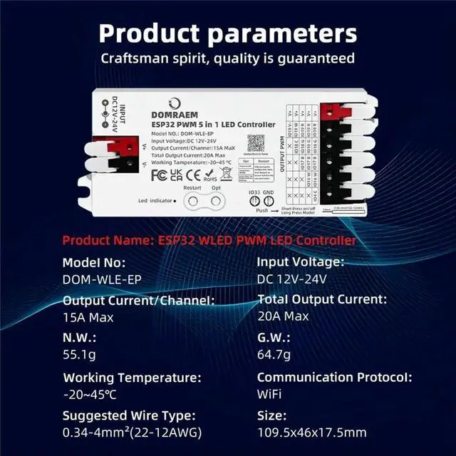 Main image of WLED Controller PWM for Analog LED Strip for 2/3/4/5/6 Wires, White CCT RGB RGBWCCT for for