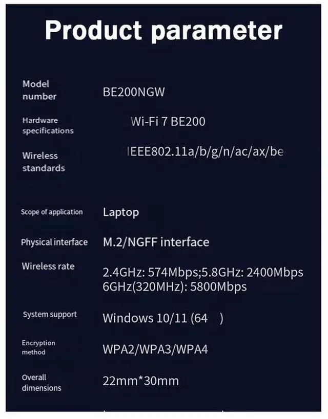 Alt view image 3 of 3 - 7 for BE200 Network Card BT5.4 Card BE200NGW 2.4/5/6GHz 5.8 Gbps M.2 Adapter for PC Laptop