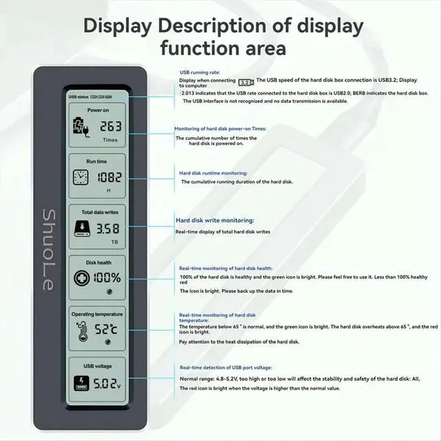Alt view image 2 of 6 - M. 2 NVME/NGFF Dual Protocol SSD Enclosure with Display Screen ligent Digital Health Detection Type-C 3.2 10Gbps