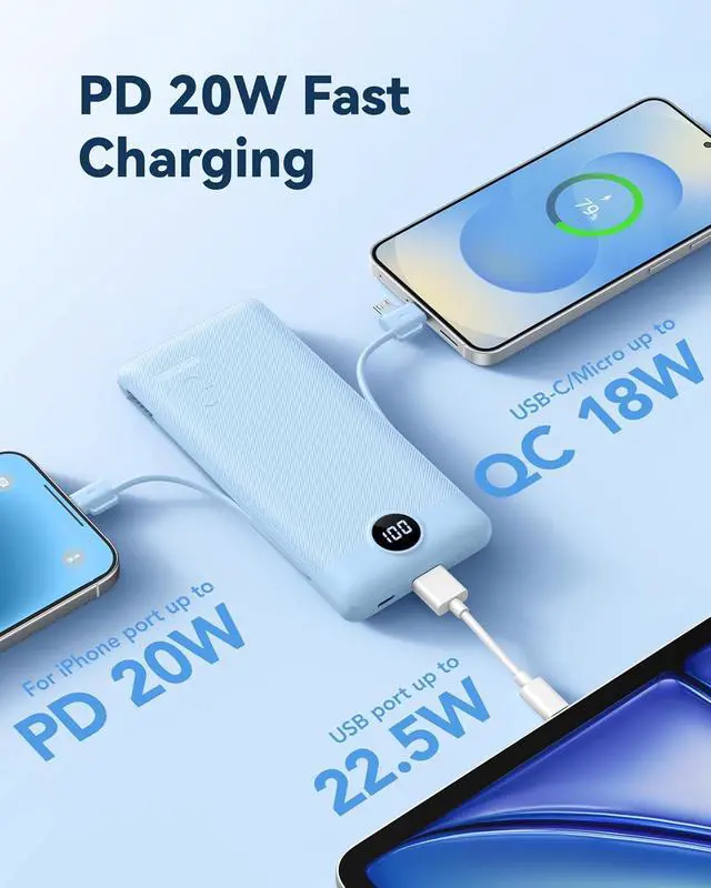 Alt view image 6 of 7 - VRURC Portable Charger Power Bank - 10000mAh Fast Charging 22.5W USB Port Fast Charging Power Bank,4 Outputs Dual Inputs Slim Compact Rechargeable Battery Pack Travel Accessories-Blue(1 Pack)