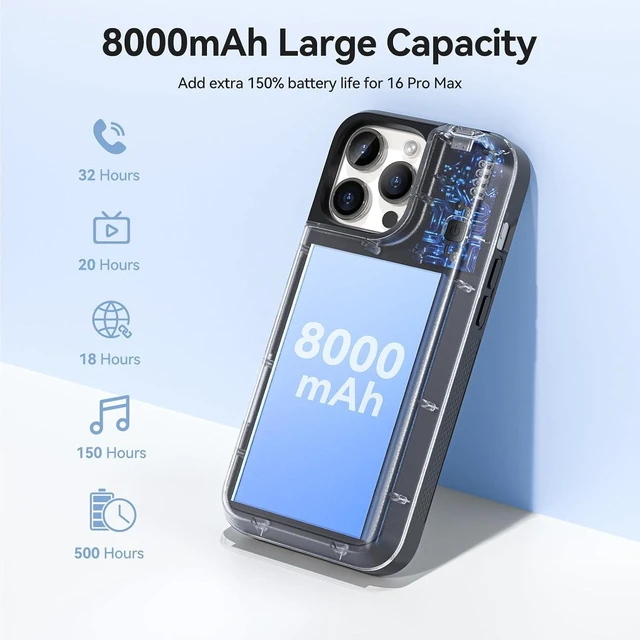 Alt view image 3 of 7 - NEWDERY Battery Case for iPhone 16 Pro Max USB C Power Bank Black 8000mAh