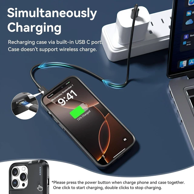 Alt view image 4 of 7 - NEWDERY Battery Case for iPhone 16 Pro Max USB C Power Bank Black 8000mAh