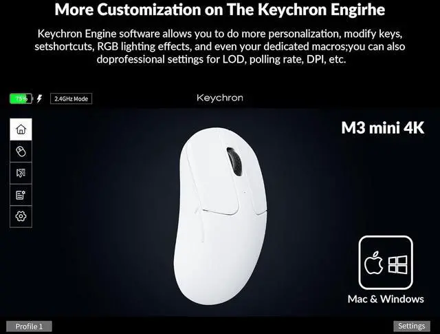Alt view image 2 of 7 - Keychron M3 Mini 4K Wireless Bluetooth 5.1/2.4 GHz/Wired Optical Mouse, Ultra-Lightweight 55g Programmable PixArt 3395 Sensor with up to 26,000 DPI/ 650 IPS for Windows Mac Linux - White