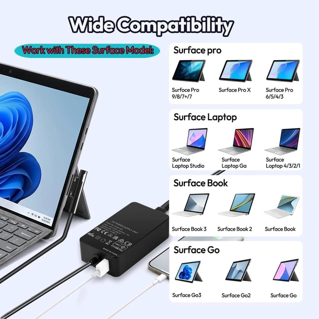 Alt view image 2 of 7 - Replacement for 65W Surface Pro Charger Surface Laptop Charger