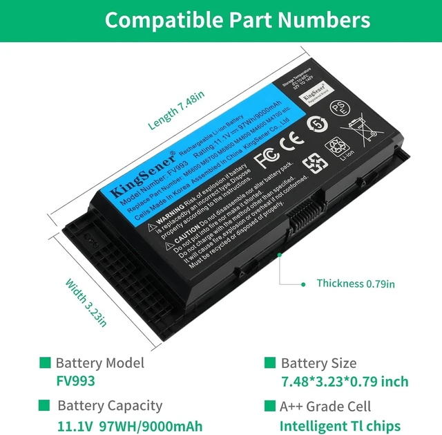Alt view image 3 of 7 - 97Wh FV993 Laptop Battery for M4800 M6800 M4600 M4700 M6700 M6600