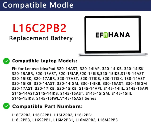Alt view image 3 of 6 - L16C2PB2 L16M2PB1 Laptop Battery Replacement for Lenovo IdeaPad 320-14AST 320-14IAP 320-14ISK 320-15ABR 320-15AST 320-15IAP 330-14IGM 520-15IKB V320-17IKB B320-14IKB L16C2PB1 L16L2PB1 L16L2PB2 30Wh