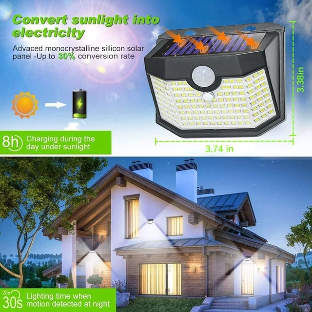 Alt view image 3 of 6 - HMCITY 120 LED Outdoor Solar Lights with Motion Sensor and 3 Lighting Modes, IP65 Waterproof Wide Solar Wall Lights Ideal for Garden Patio Yard (Front Button 6Packs, Black Shell-Daylight White)