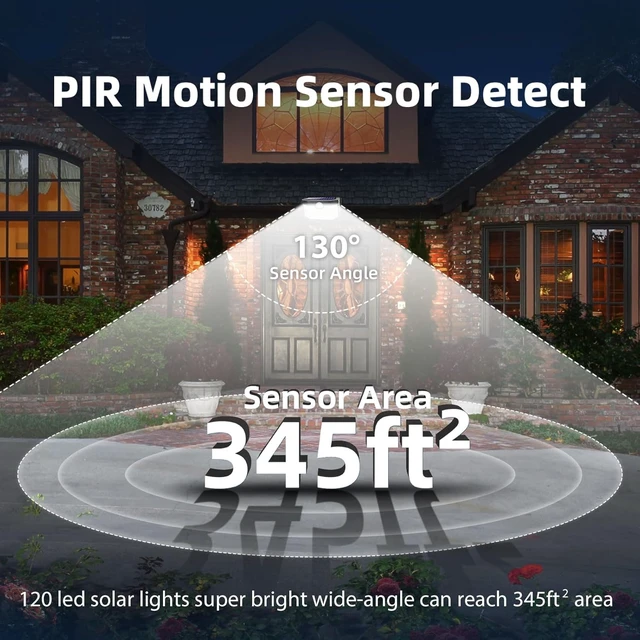 Alt view image 6 of 6 - HMCITY 120 LED Outdoor Solar Lights with Motion Sensor and 3 Lighting Modes, IP65 Waterproof Wide Solar Wall Lights Ideal for Garden Patio Yard (Front Button 6Packs, Black Shell-Daylight White)