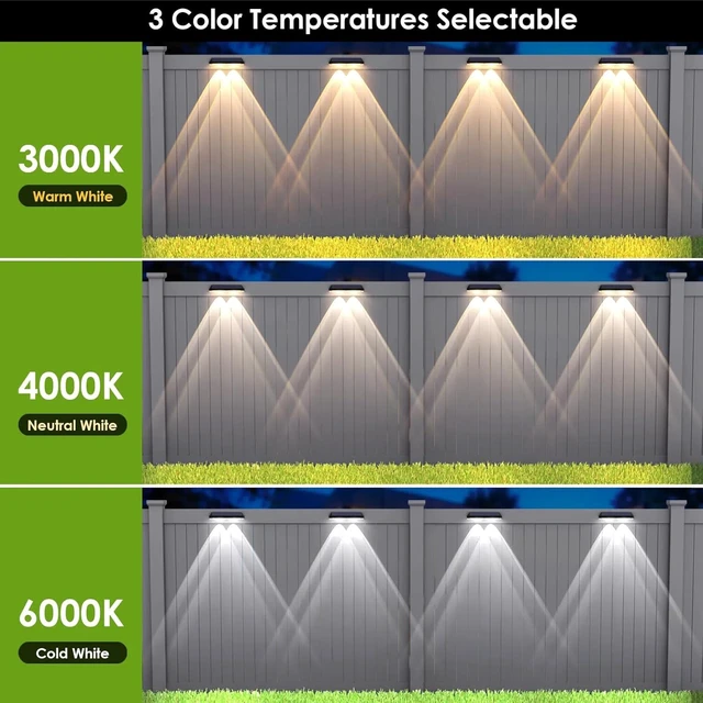 Alt view image 4 of 6 - Solar Fence Lights Outdoor, 2700/4000/6000K 3 Mode, 8-12H, Black, 8 Pack
