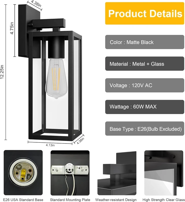 Alt view image 3 of 7 - Porch Lights Outdoor Wall Light Fixture, Modern Matte Black Wall Lanterns