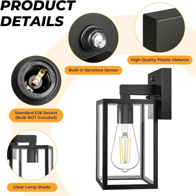 Alt view image 6 of 7 - 2-Pack Dusk to Dawn Waterproof Wall Light Fixtures Porch Light Wall Lantern